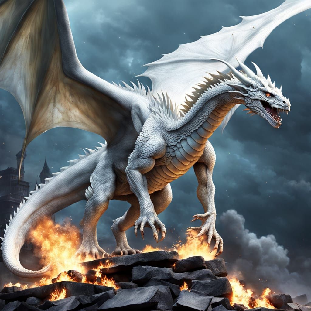 Ethereal White Dragon Ascends from Fiery Ruins
