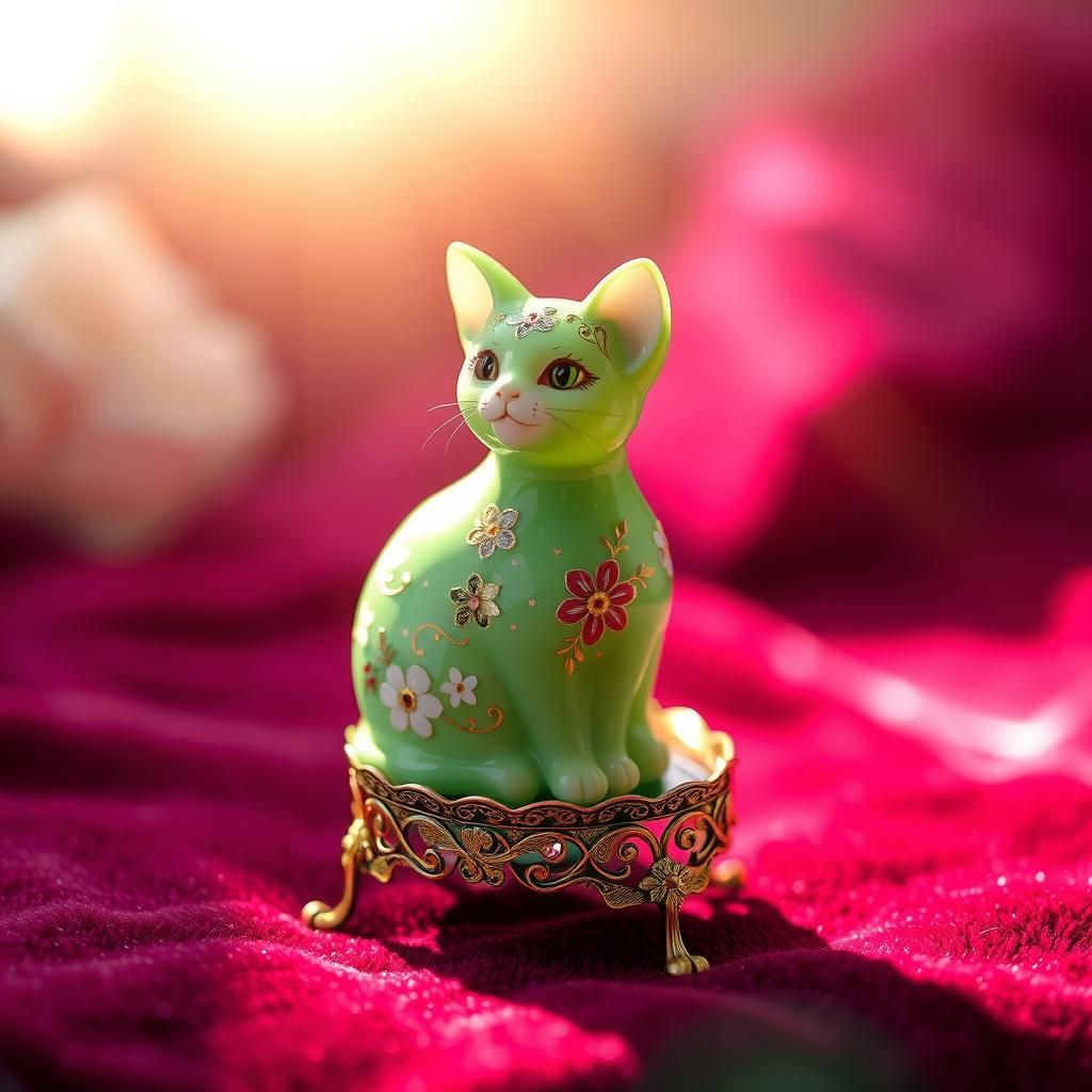 Enamel Glass Kitty Figurine in Soft Light