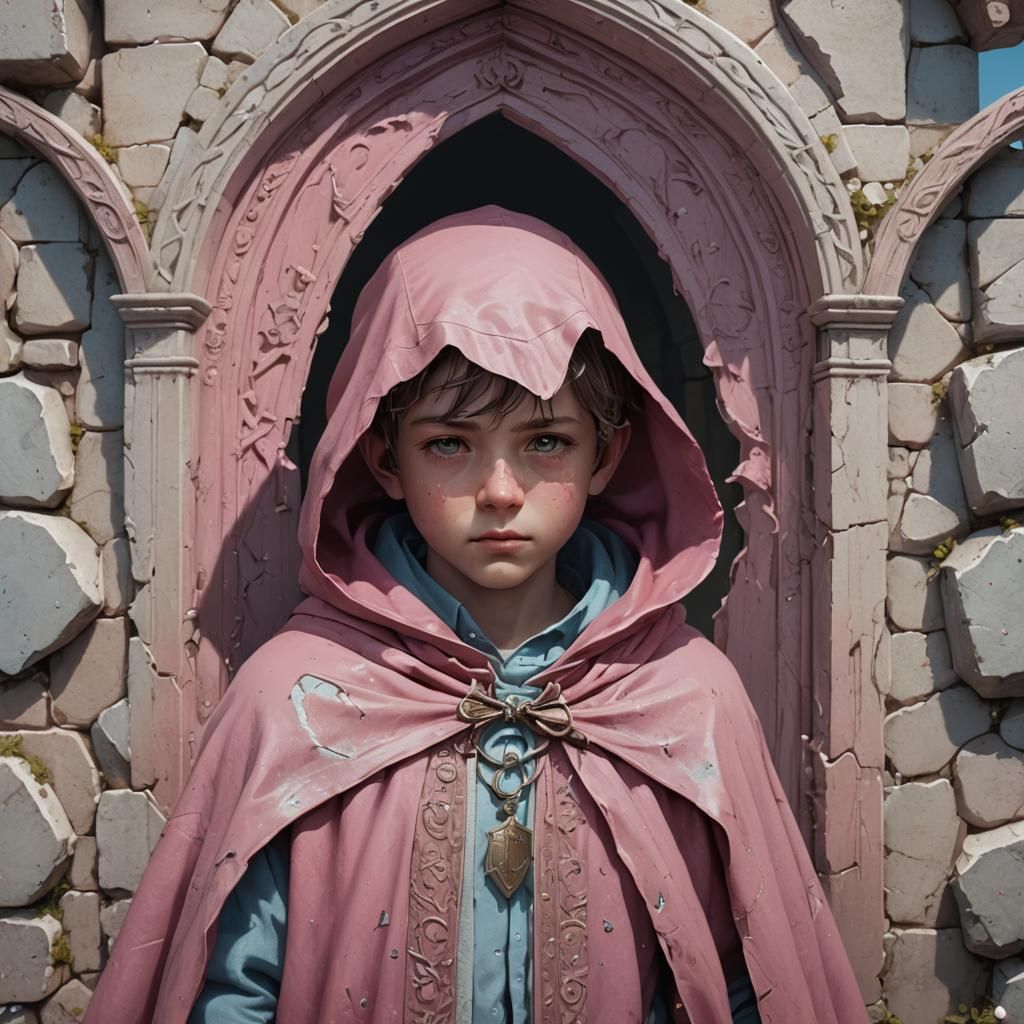 Crying Boy in Pink Cloak Hiding, Medieval Art