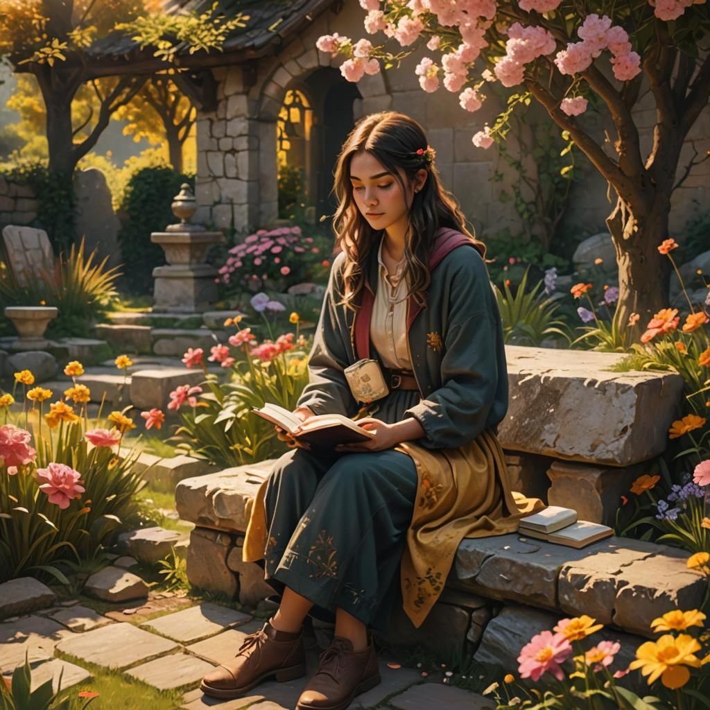 Girl Reading in Enchanted Garden, Oil Painting