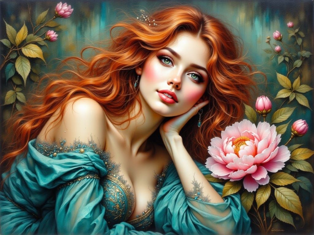 Elegant Woman with Peony in Painterly Oil Painting