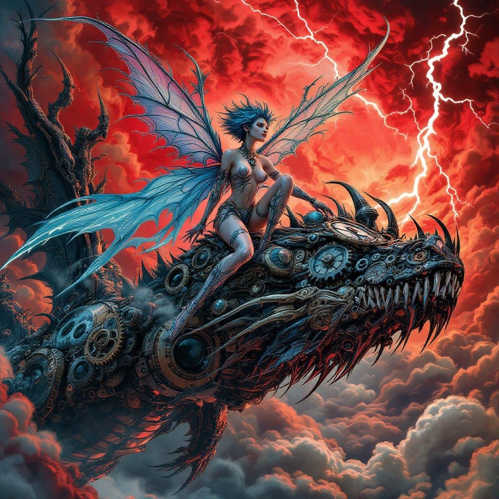 Steampunk Fairy Soars on Clockwork Dragon