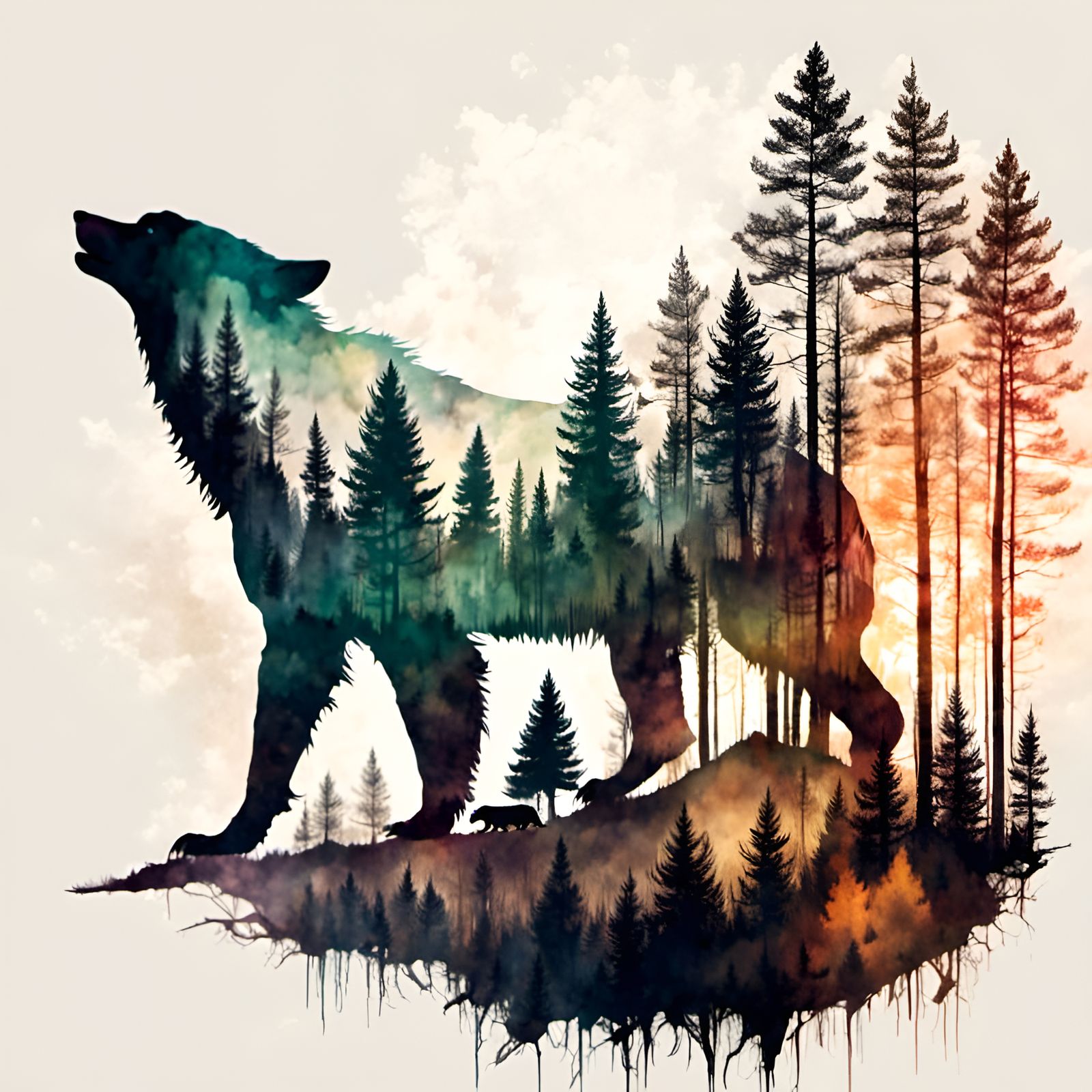 Double Exposure Art: Bear and Wolf Silhouette