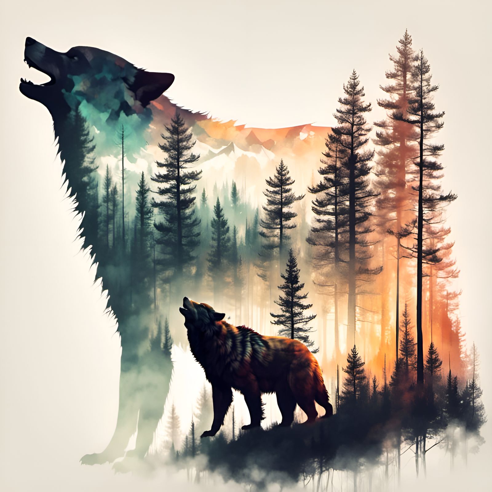 Double Exposure Bear and Wolf Silhouette Art