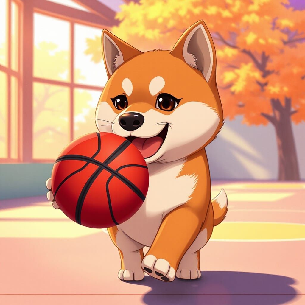 Anime Shiba Inu Dribbling Basketball With Playful Energy