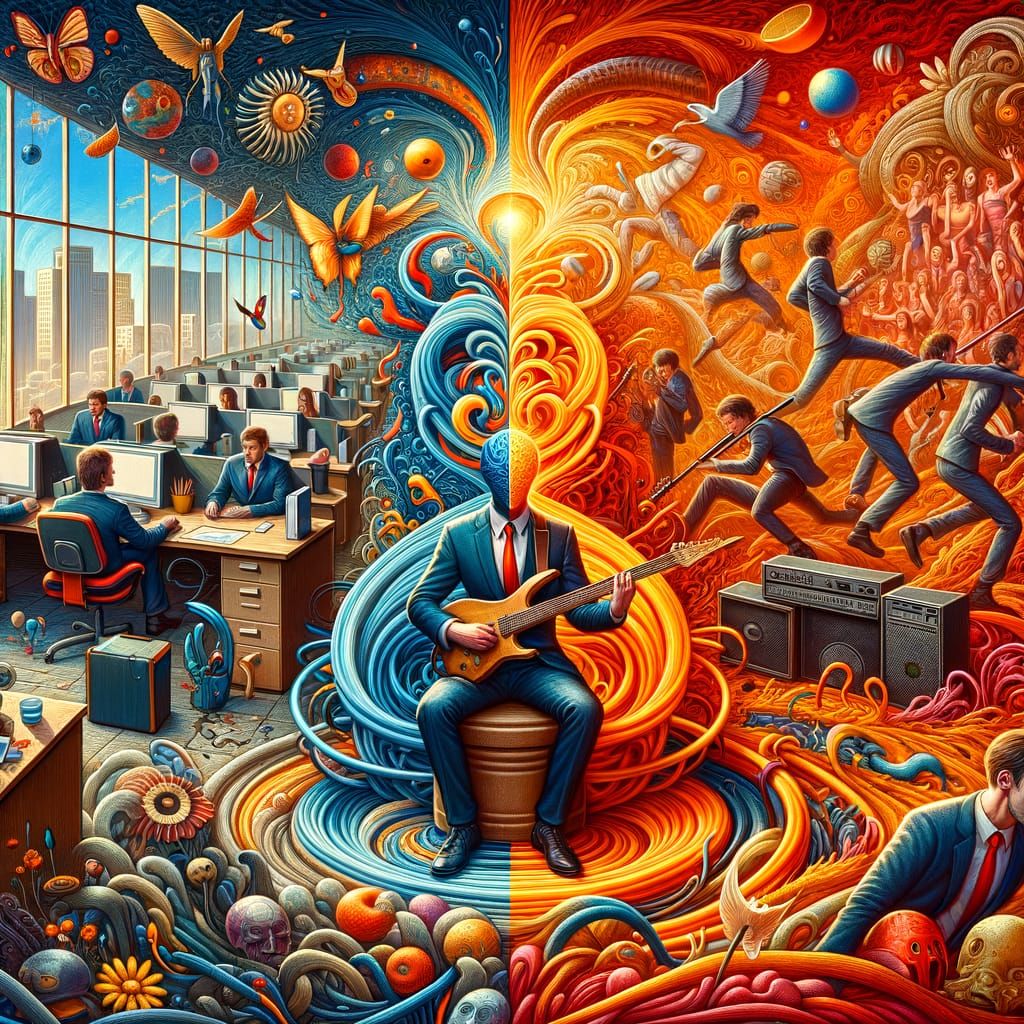 Surrealist's Juxtaposed Existence: Office Meets Rockstar