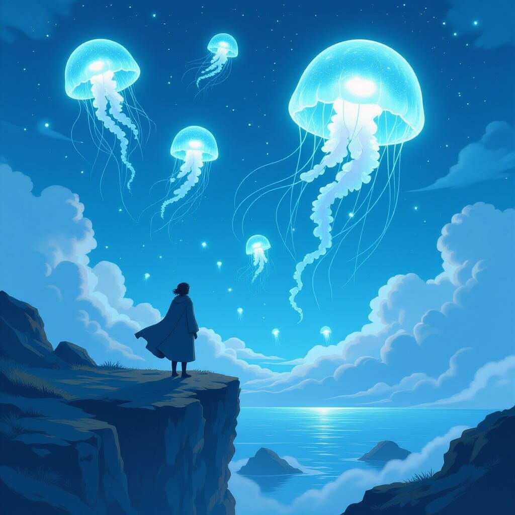 Lone Traveler Gazing at Bioluminescent Sky Jellyfish