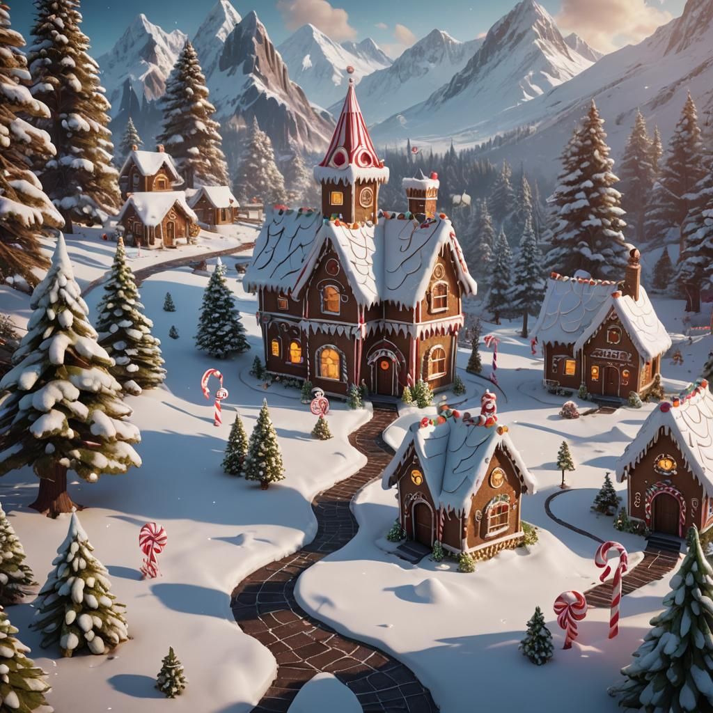 Gingerbread House in Winter Wonderland, Digital Matte Painti...