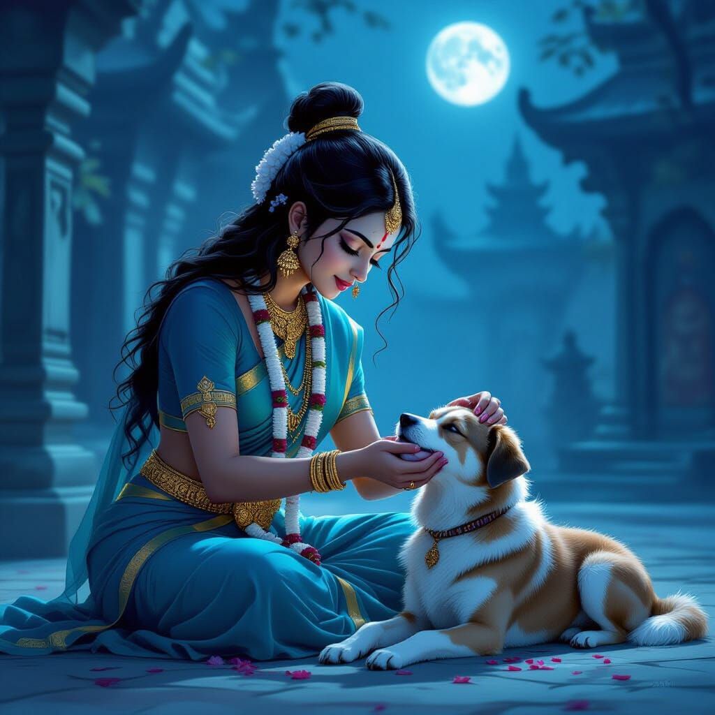 Gentle Kali Tends Wounded Dog in Moonlit Temple Courtyard