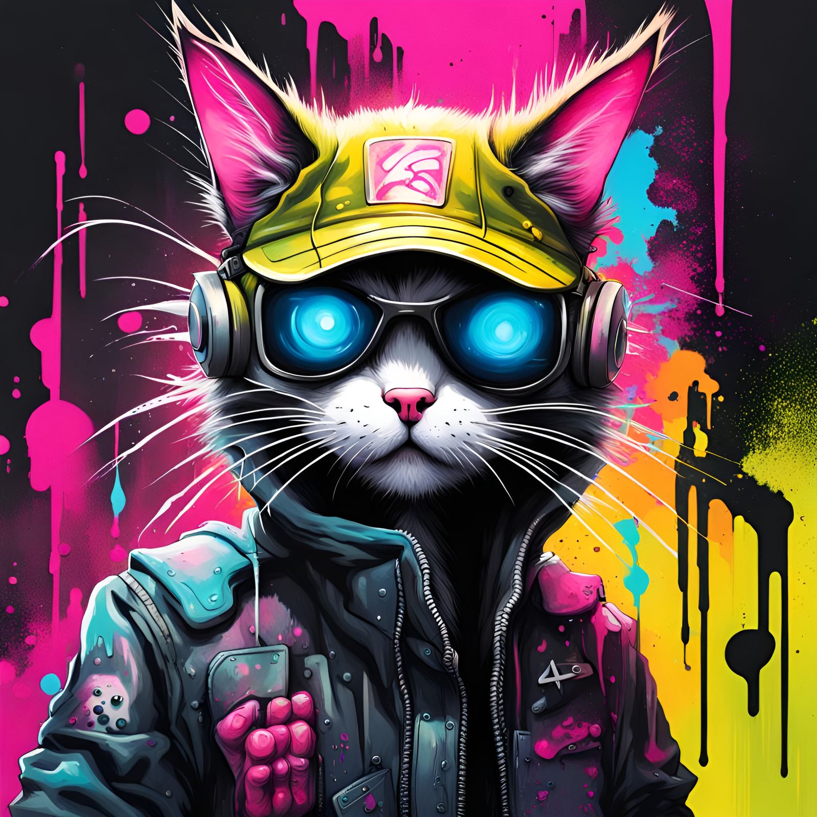 Cyberpunk Cat Graffiti Art in Spray Paint Style
