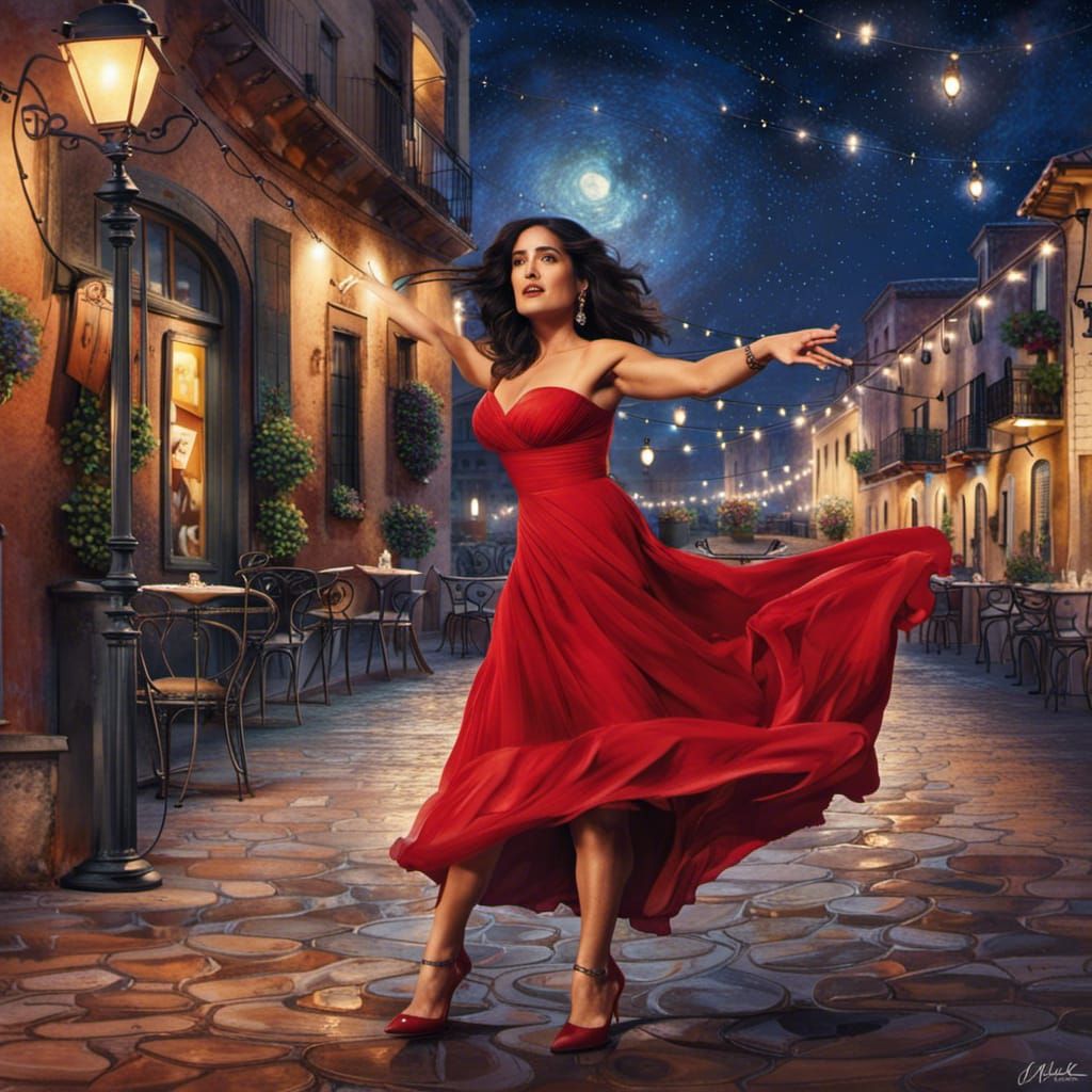 Woman in Red Dress Dancing Under Starry Sky