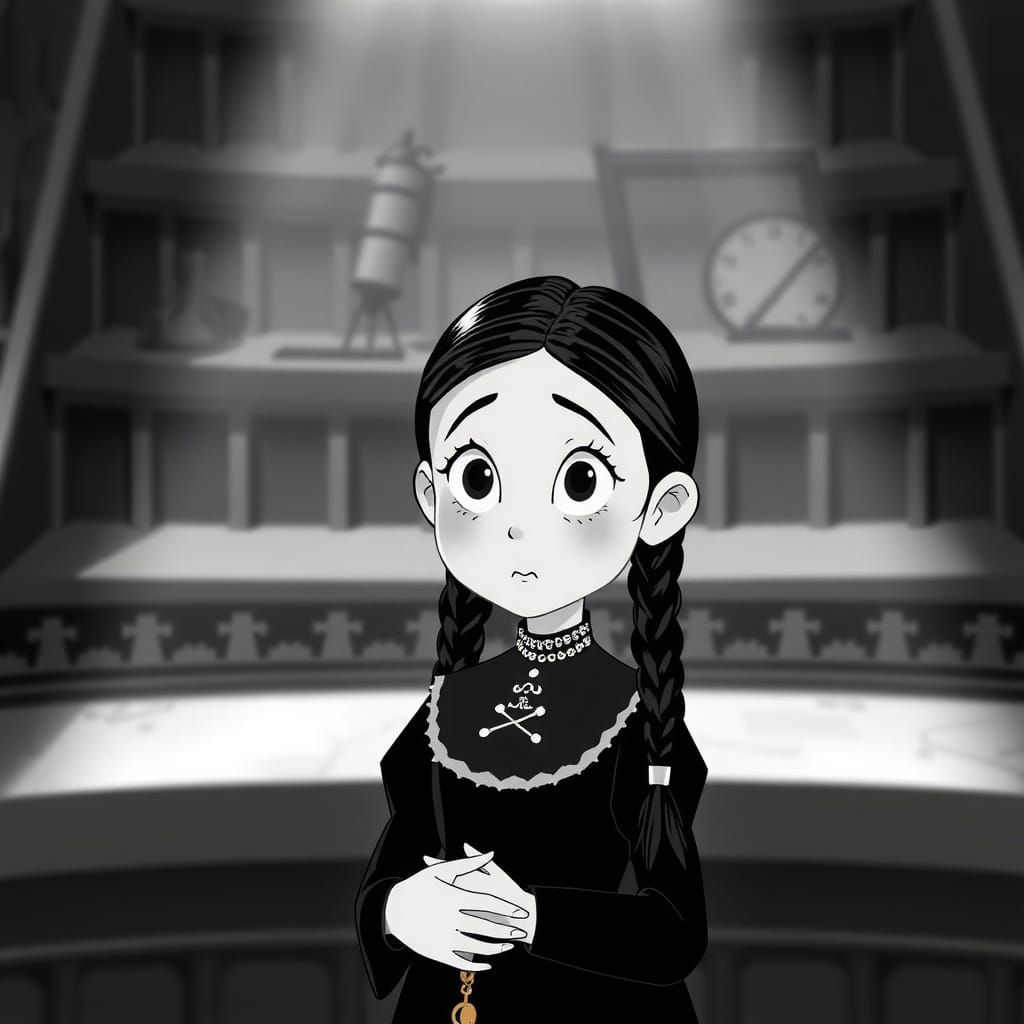 Wednesday Addams as a Child in 1939 Animated Horror Style