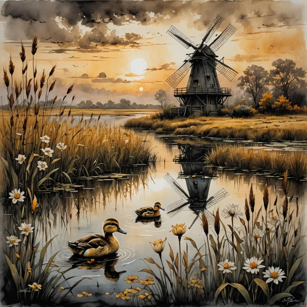 Duckling in Pond with Reeds: Dreamy Illustration