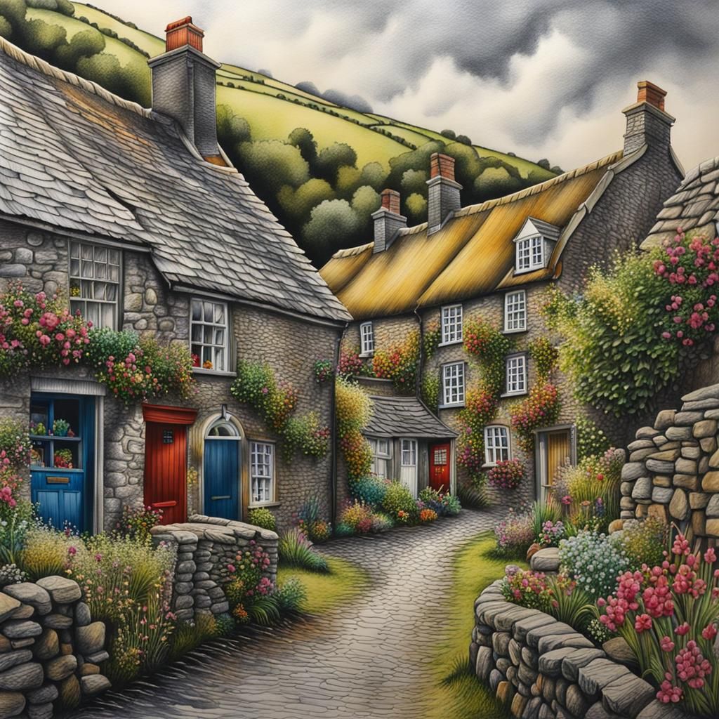 Detailed Ink Drawing of Atmospheric Irish Village