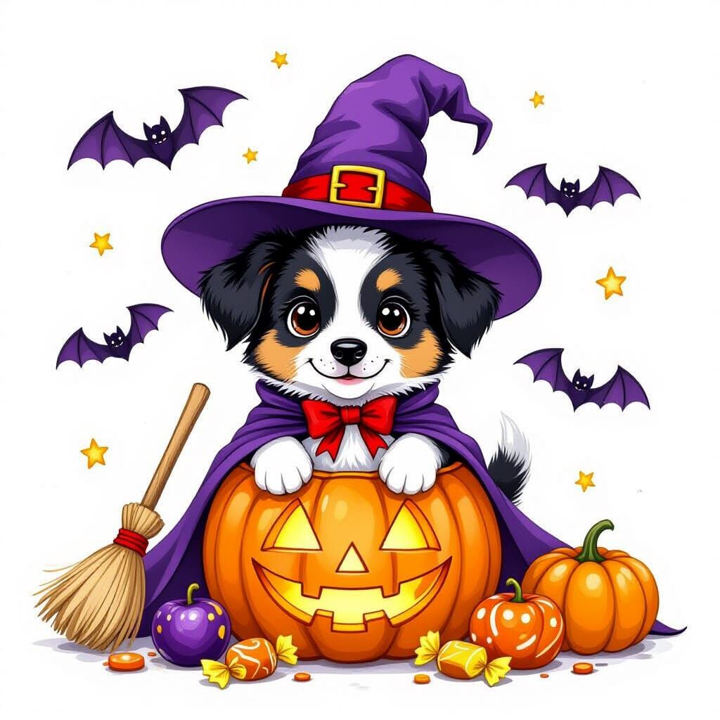 Border Collie Puppy Dressed as Halloween Witch
