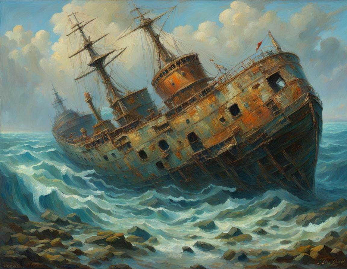 Sunken Vessels in Ocean, Oil Painting