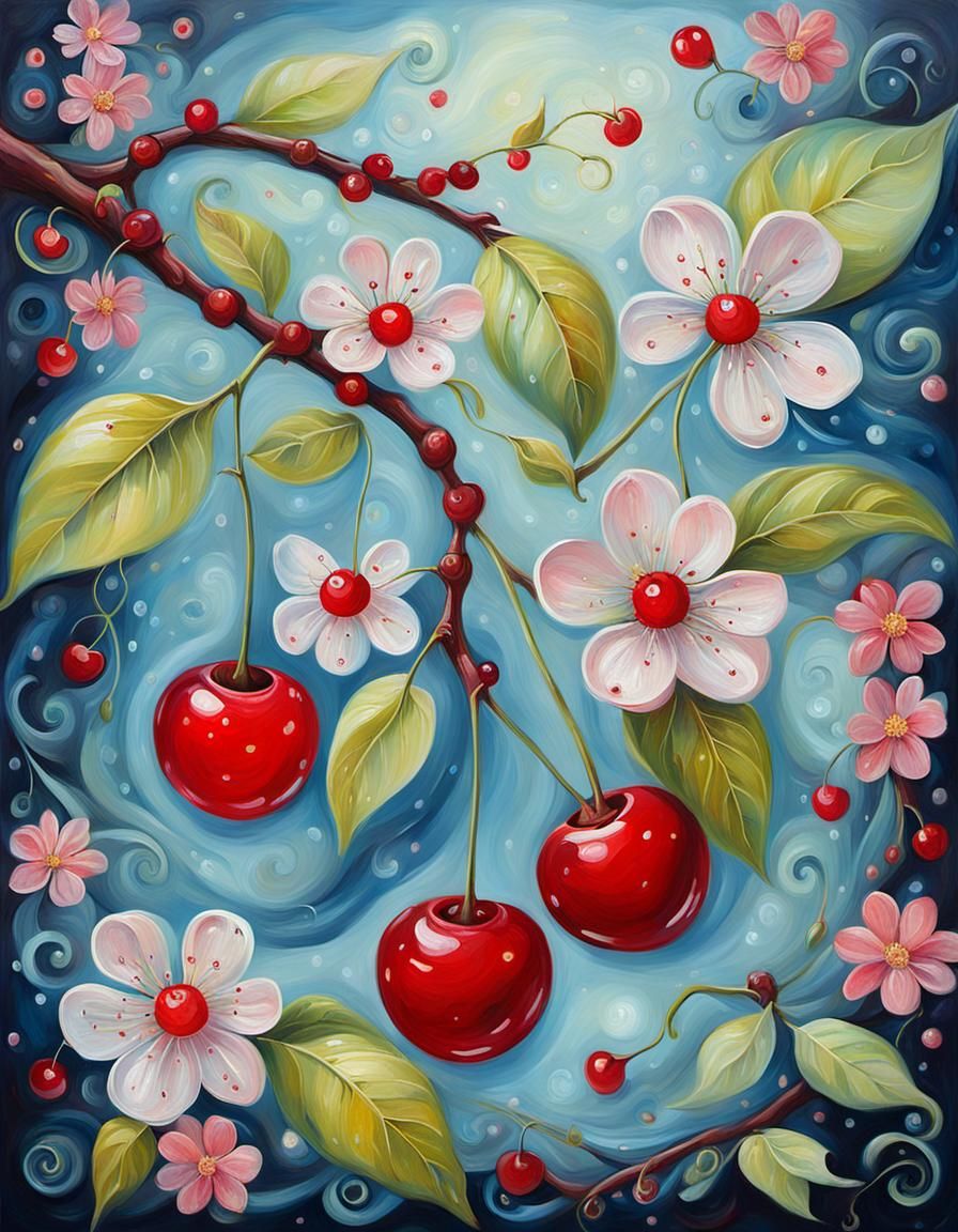Whimsical Cherries Oil Painting with Fairy-Like Patterns