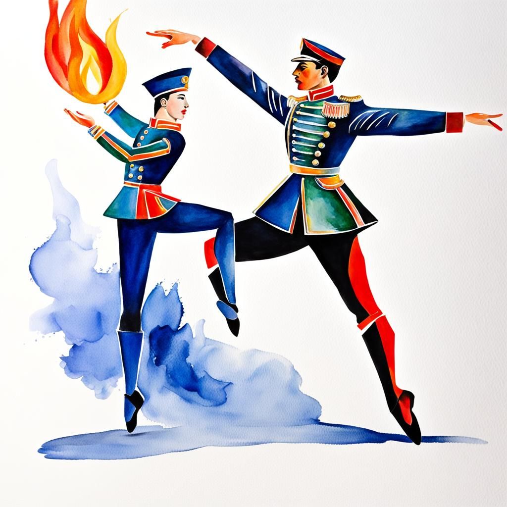 Tin Soldier and Ballerina Near Furnace as Watercolor