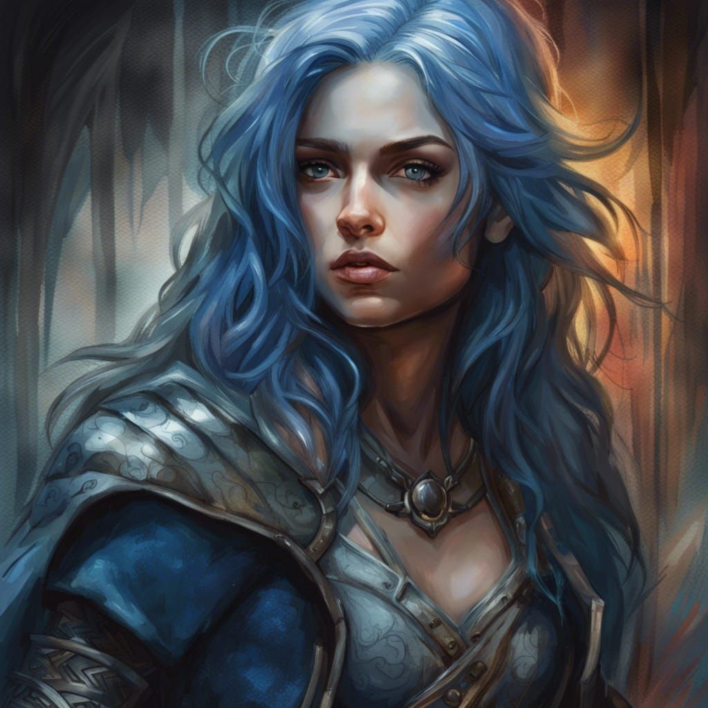 Blue-Haired Elf Warrior in Comic Book Art Style