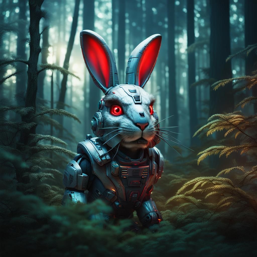 Cybernetic rabbit boasting an ultra-realistic exterior, cove...