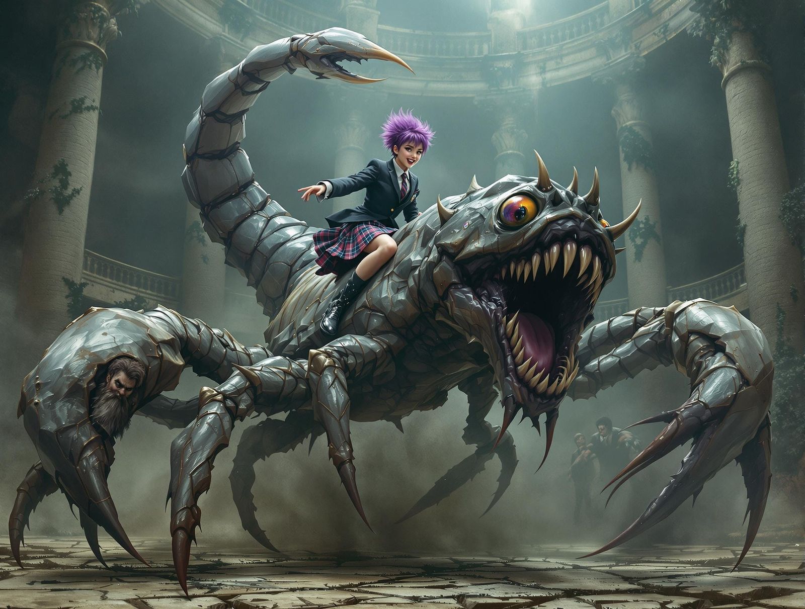 Gothic Spirit Girl Rides Scorpion Monster in Ancient Arena