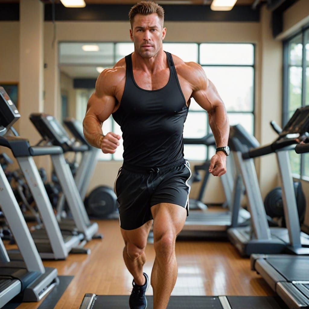A handsome beefcake in gym shorts, sweating on the treadmill...