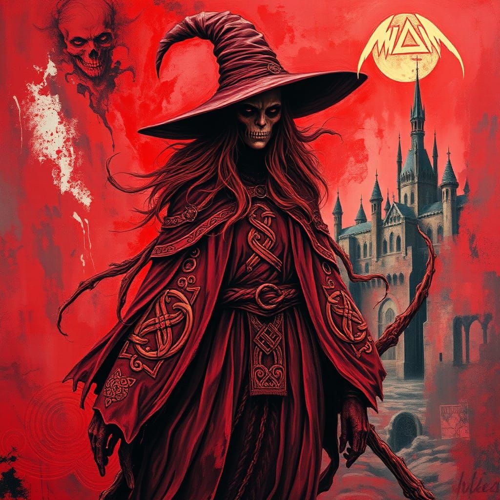 Red Witch in Impasto Style with Celtic Motifs