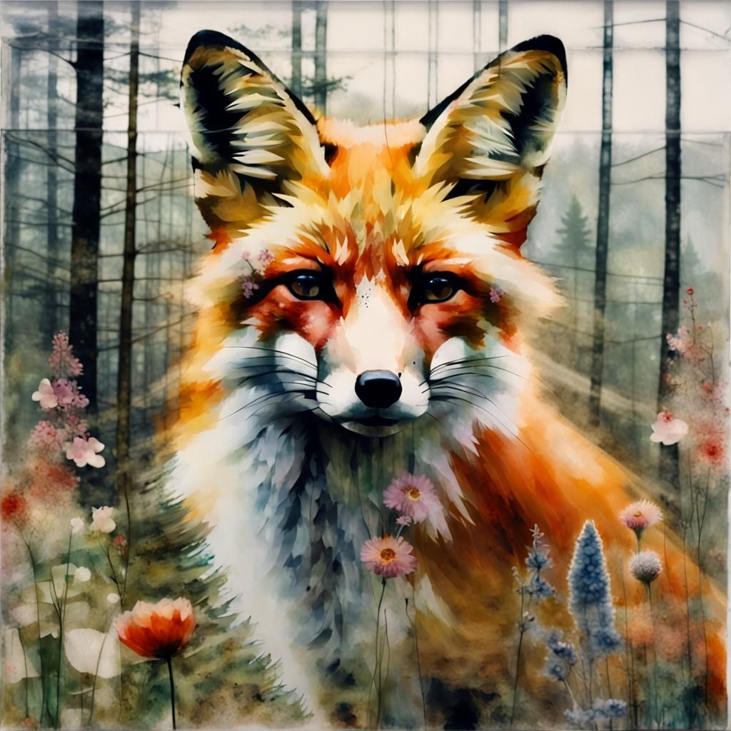 Transparent Fox Double Exposure in Encaustic Style