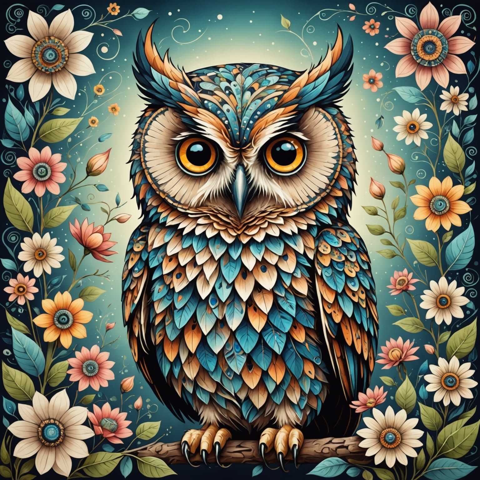 Whimsical Owl in Enchanted Floral Wonderland