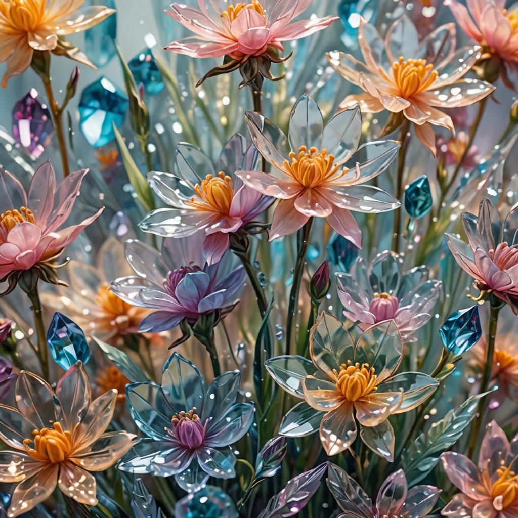 Crystal Flowers in Surreal Oil Painting
