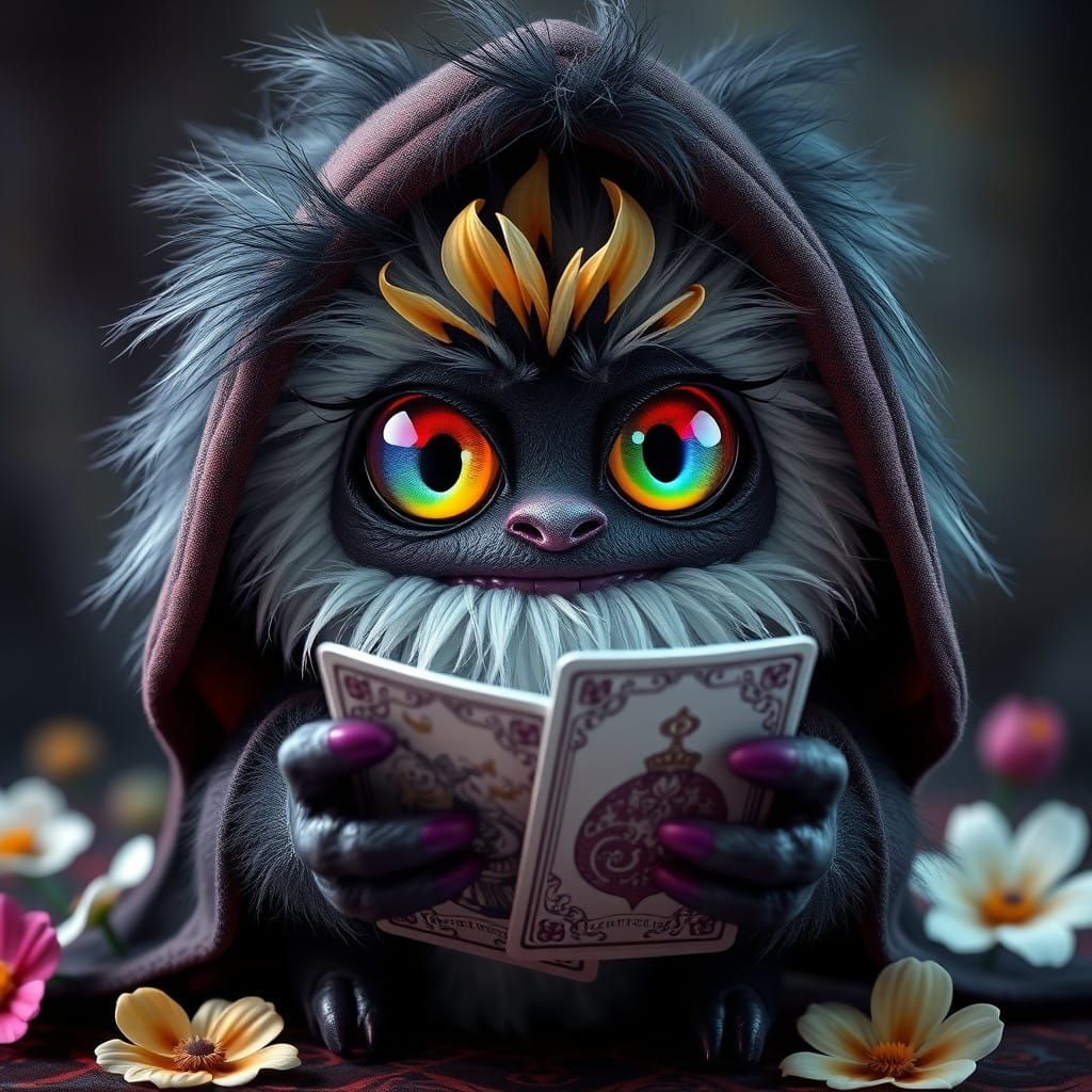 Cute Baby Monster Reading Tarot Cards in Fortune Teller Cloa...