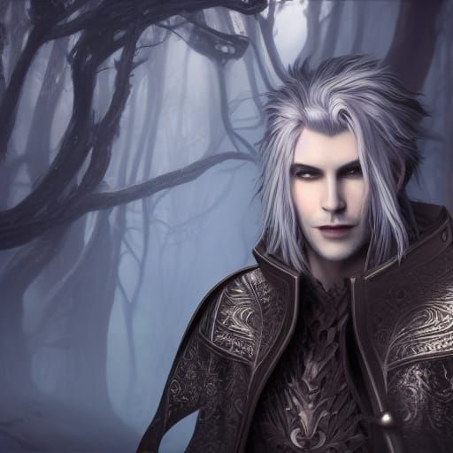 Handsome Silver-Haired Vampire in Detailed Digital Painting
