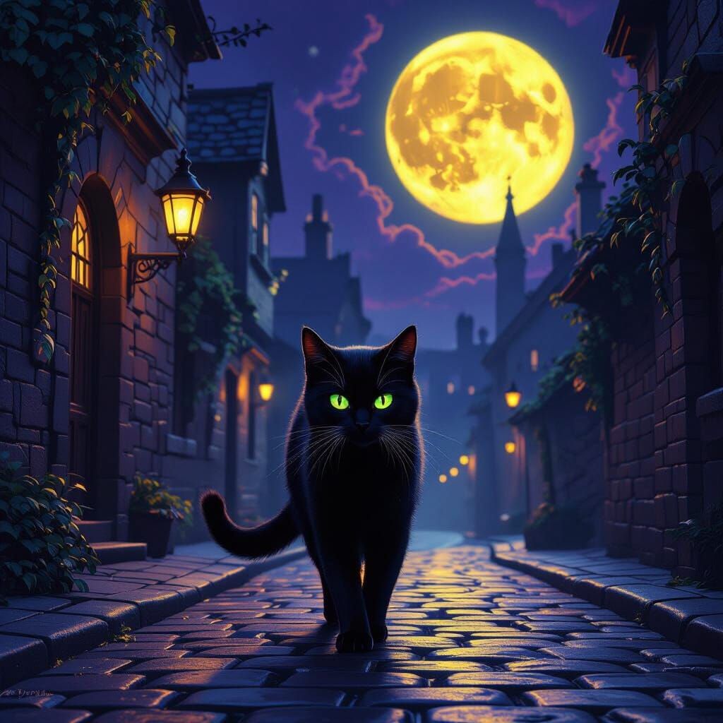 Black Cat on Moonlit Haunting Street
