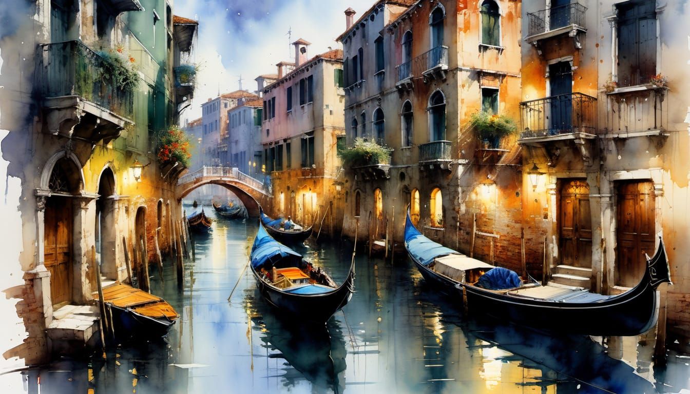 Watercolor Painting of Venice Cityscape Under Fairytale Moon...