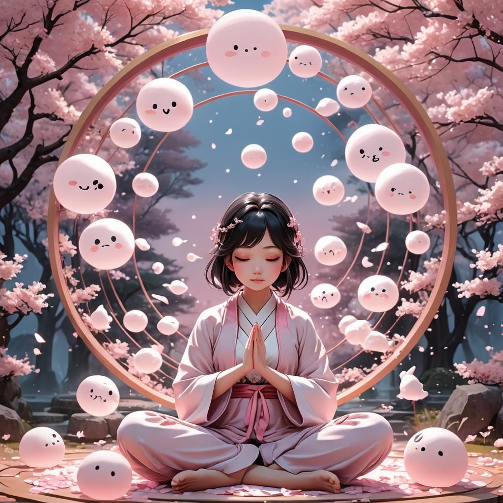 Anime Woman Meditating in Dreamy Pink Circle