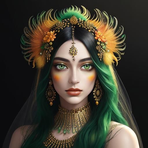 Golden Woman with Peacock Feathers, Expressionist Style