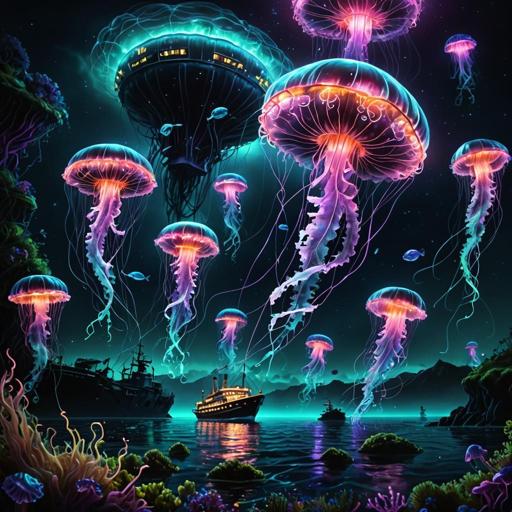 Bioluminescent Jellyfish and Ship in Dark Ocean Art