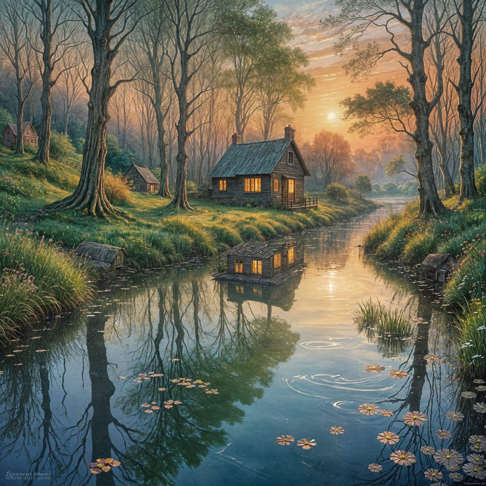 Ethereal Shack by the River at Sunset