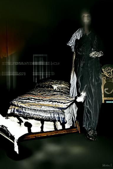 Terrifying Ghost Figure with Glowing Eyes in Shadow