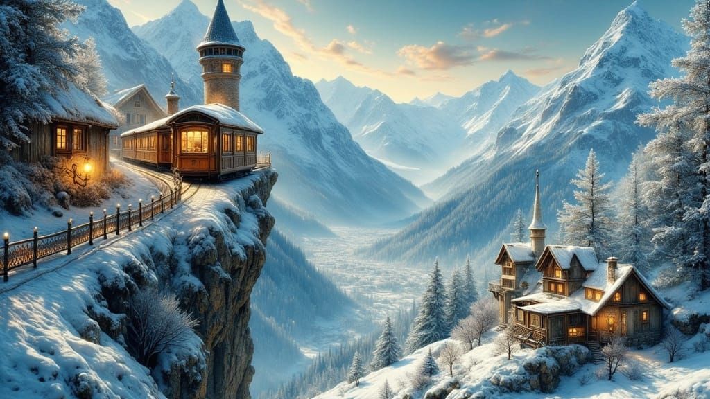 Snowy German Village Tram Ride: Vintage Sci-Fi Art