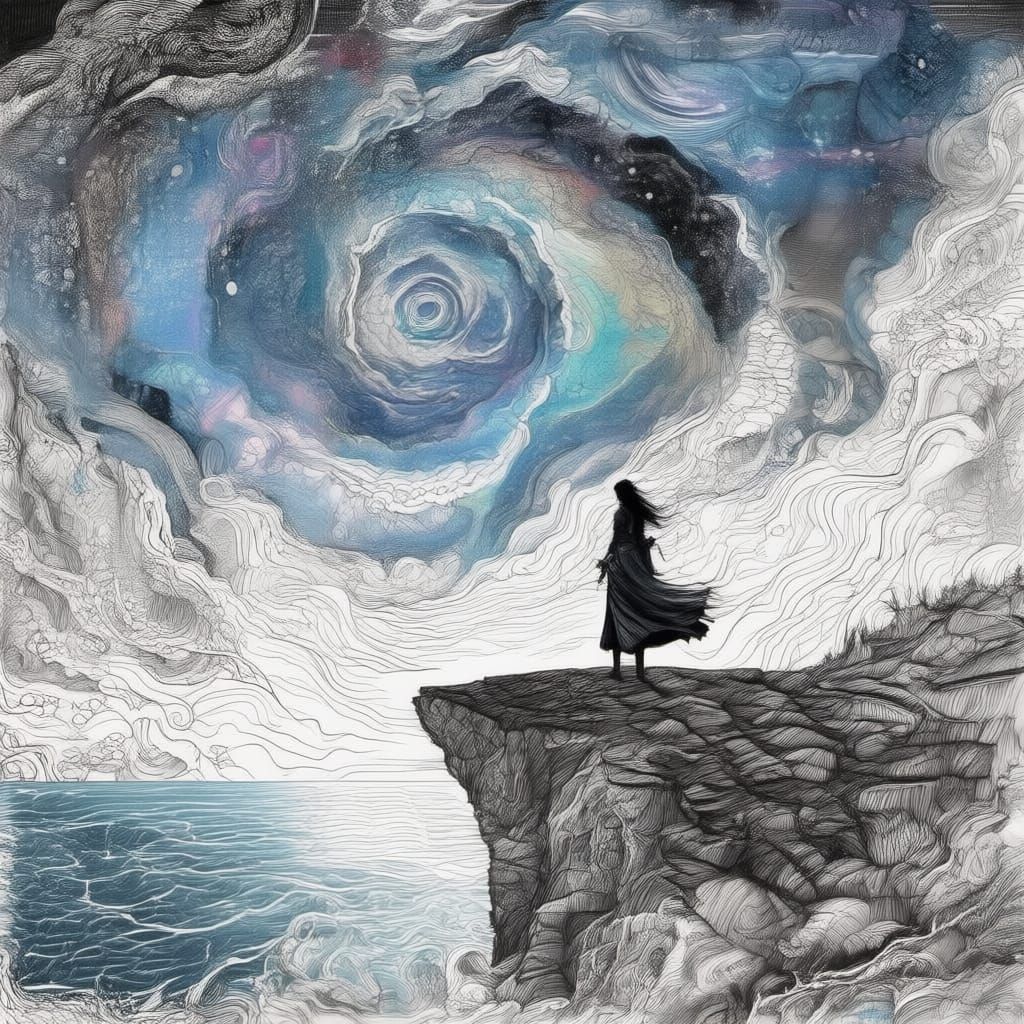 Ninja Warrior on Cliff Edge Amidst Bioluminescent Sea and Ne...