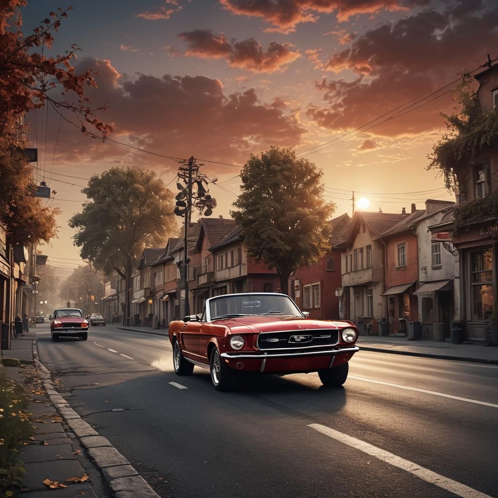 Classic Red Mustang Convertible at Sunset