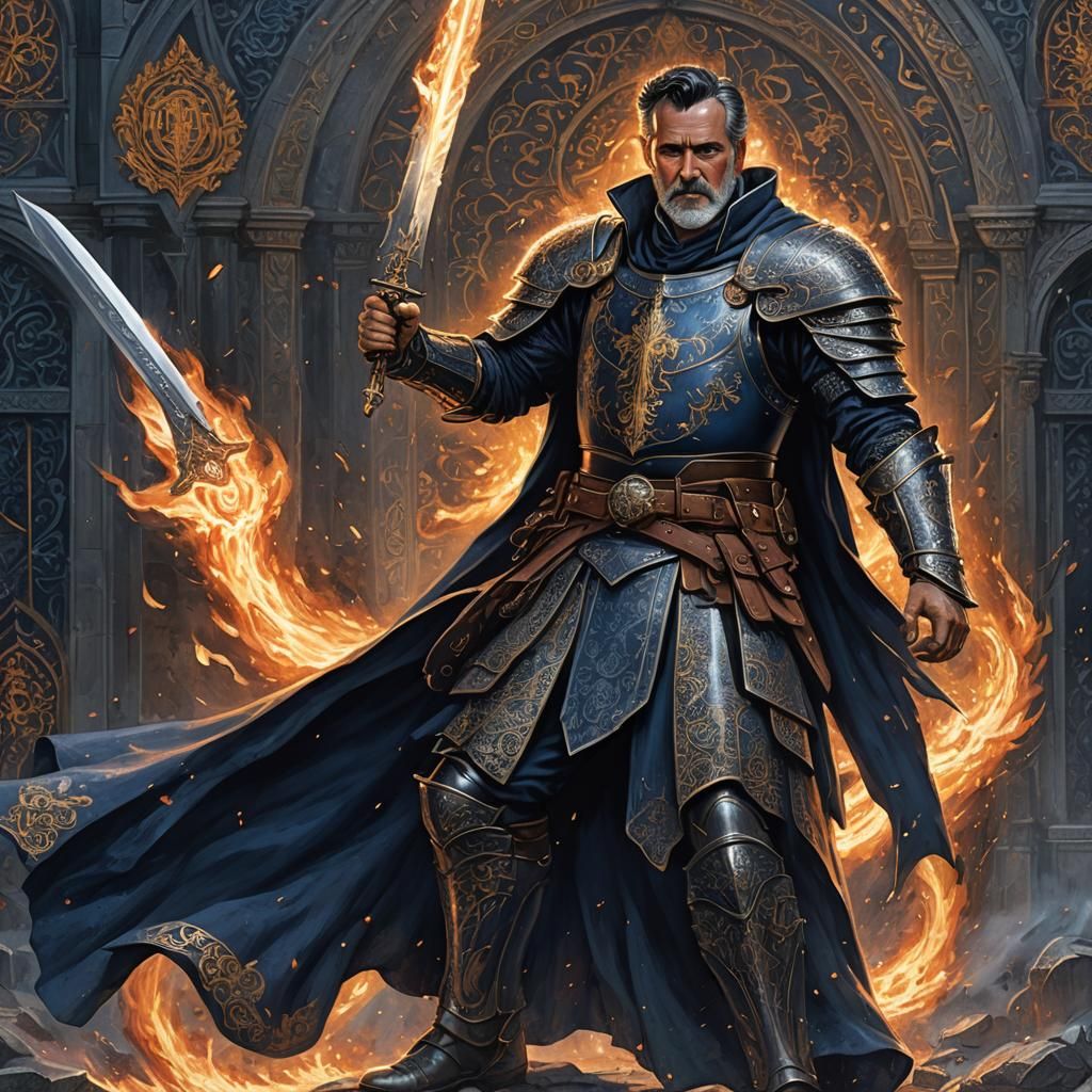 Knight of Helm in Blue Armor Against Fire