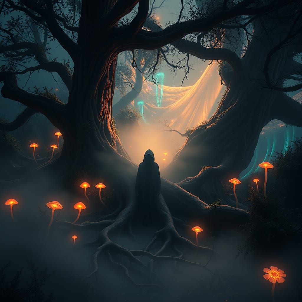 Ethereal Figure in Mystical Abandoned Landscape