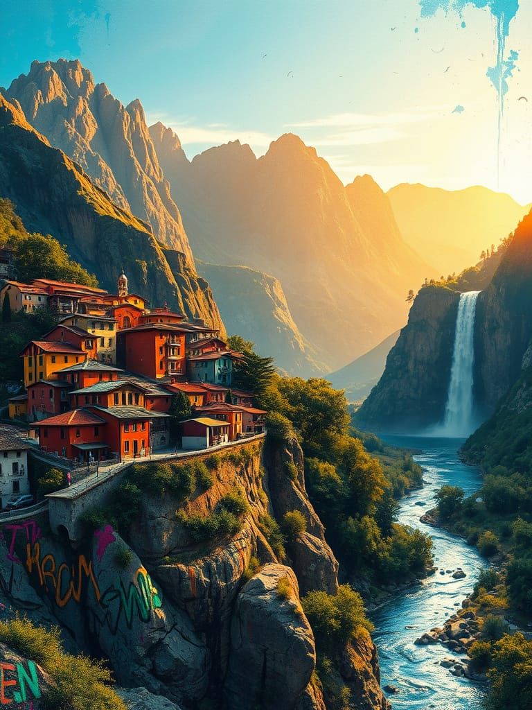 Vibrant Village on Hillside Overlooks Serene River Valley