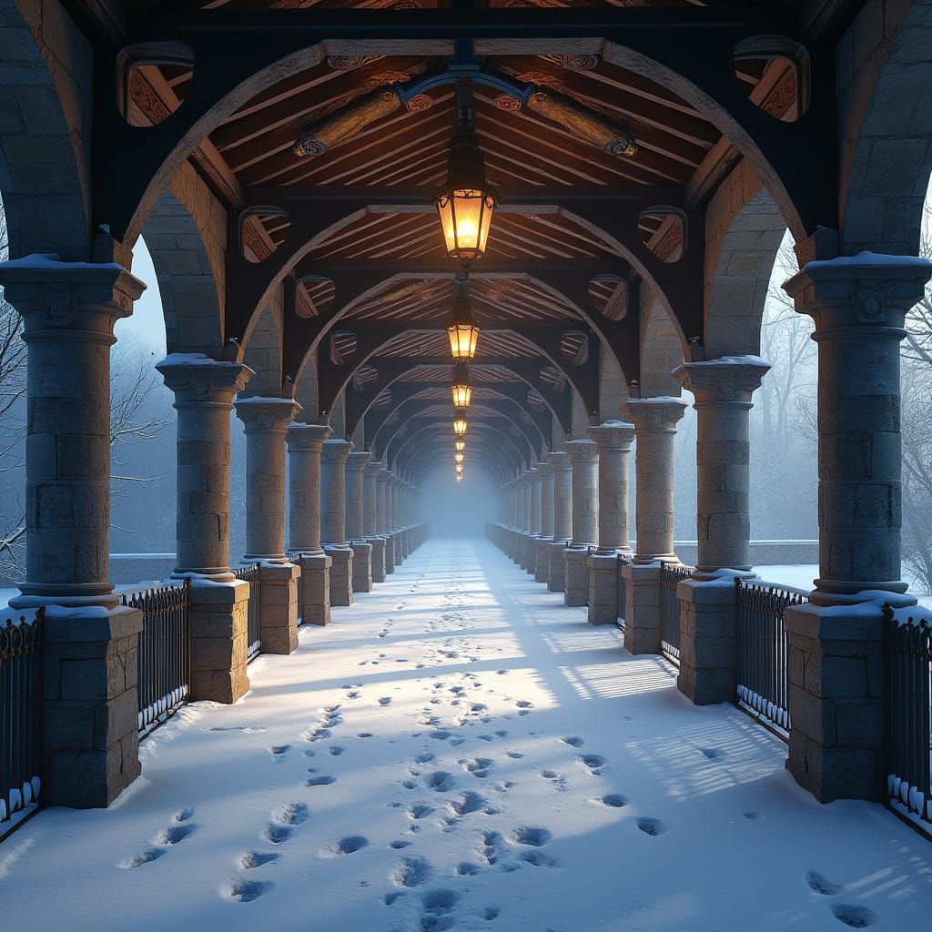 Snowy Hogwarts Covered Bridge in Whimsical Fantasy Style