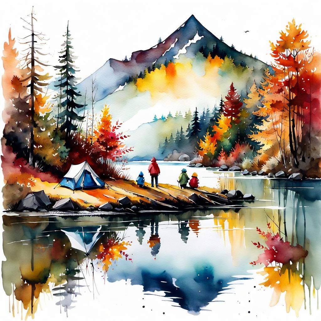 Toddlers' Lakeside Camping: Watercolor and Alcohol Ink Art