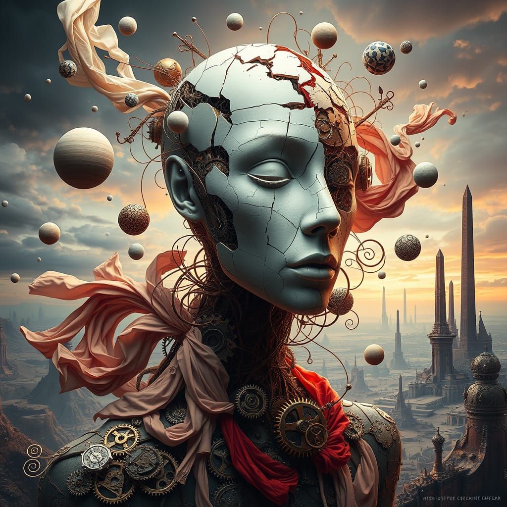 Surreal Porcelain Figure with Gears in Dreamlike Landscape