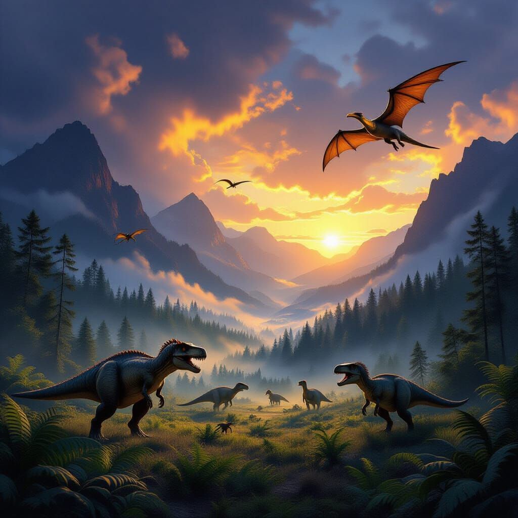 Prehistoric Sunset: T. Rex March in Misty Valley