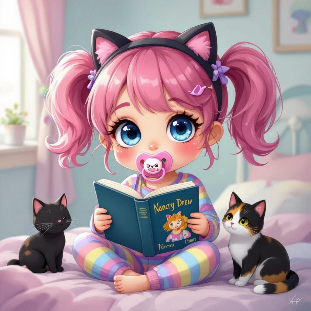 Whimsical Chibi Girl Reading with Cats, Pastel Style